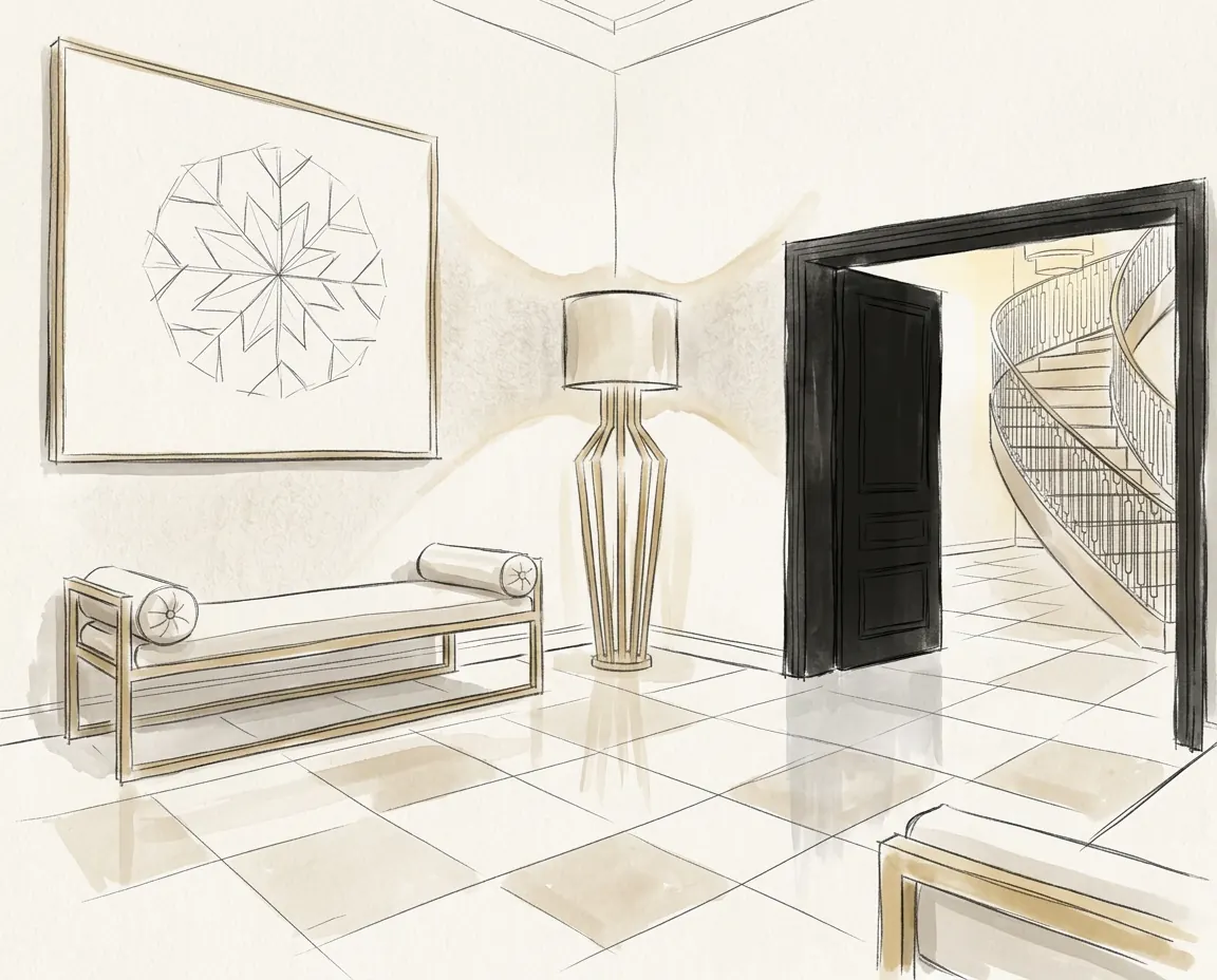 Hand-drawn design sketch of the interior study at Cheshire Family Home