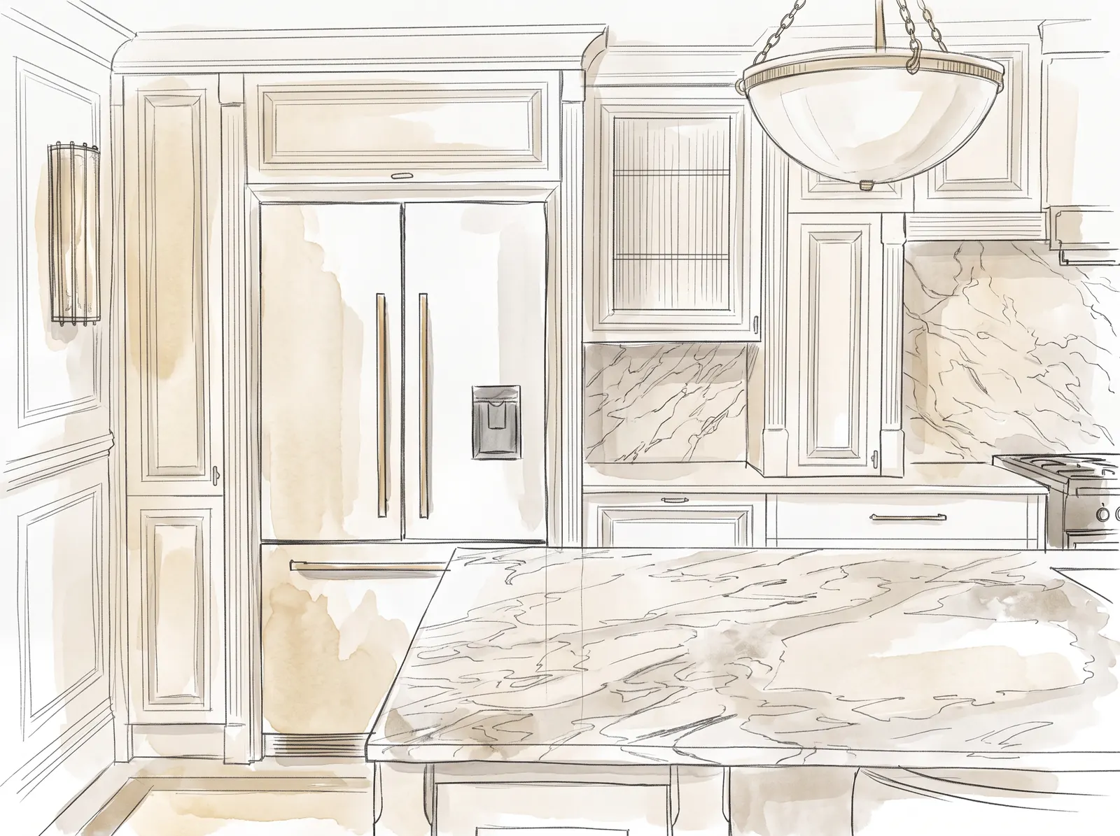 Hand-drawn design sketch of the interior study at Private Villa