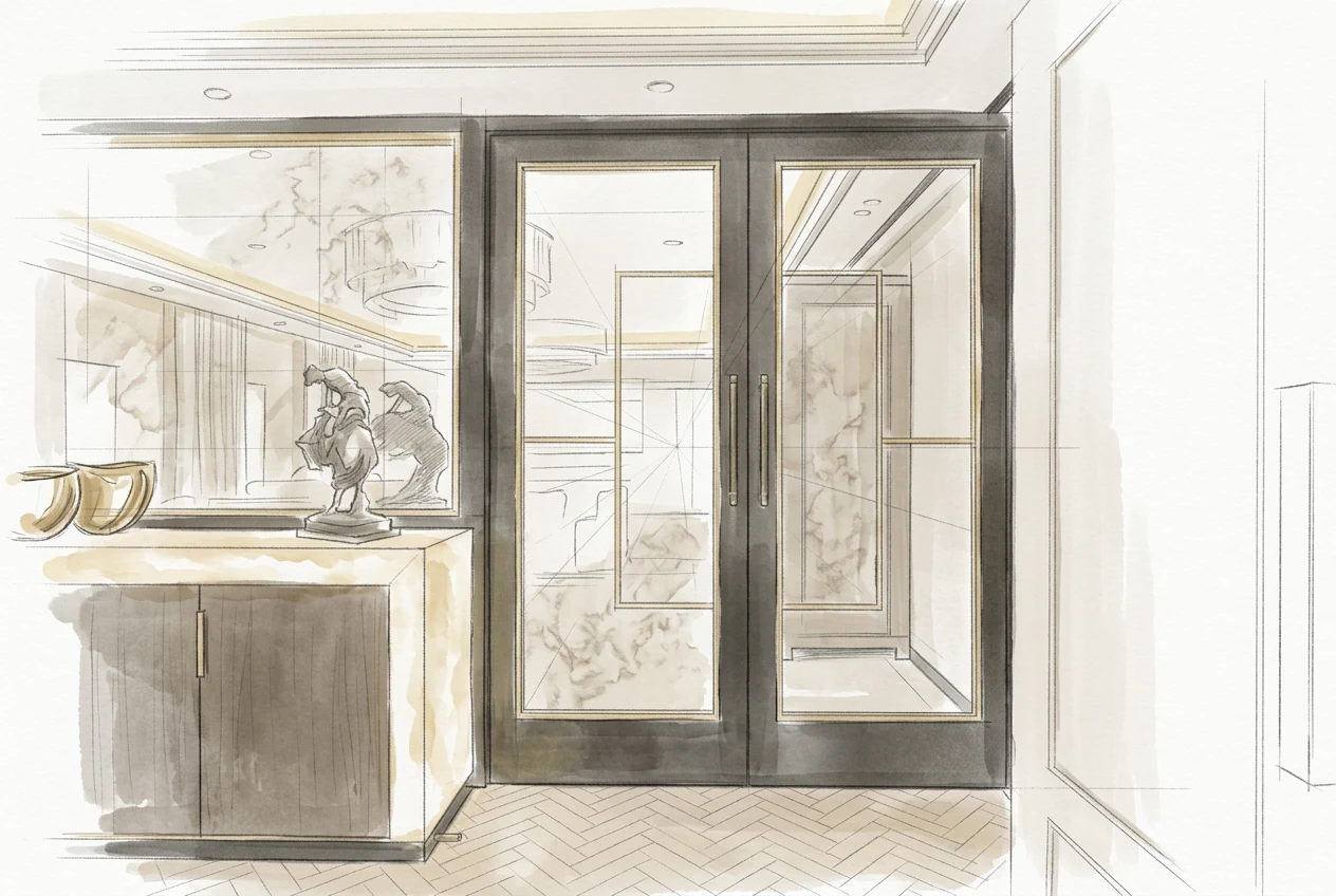 Hand-drawn design sketch of the interior study at Mayfair Penthouse