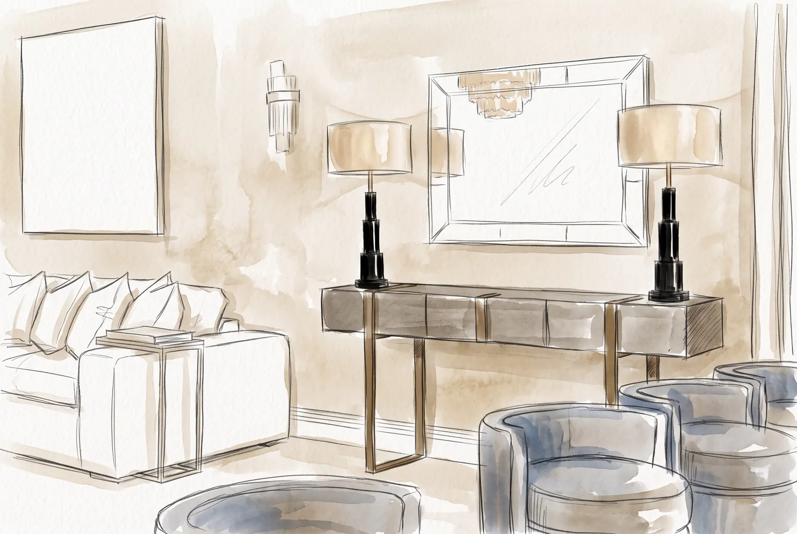 Hand-drawn design sketch of the interior study at Private Family Residence