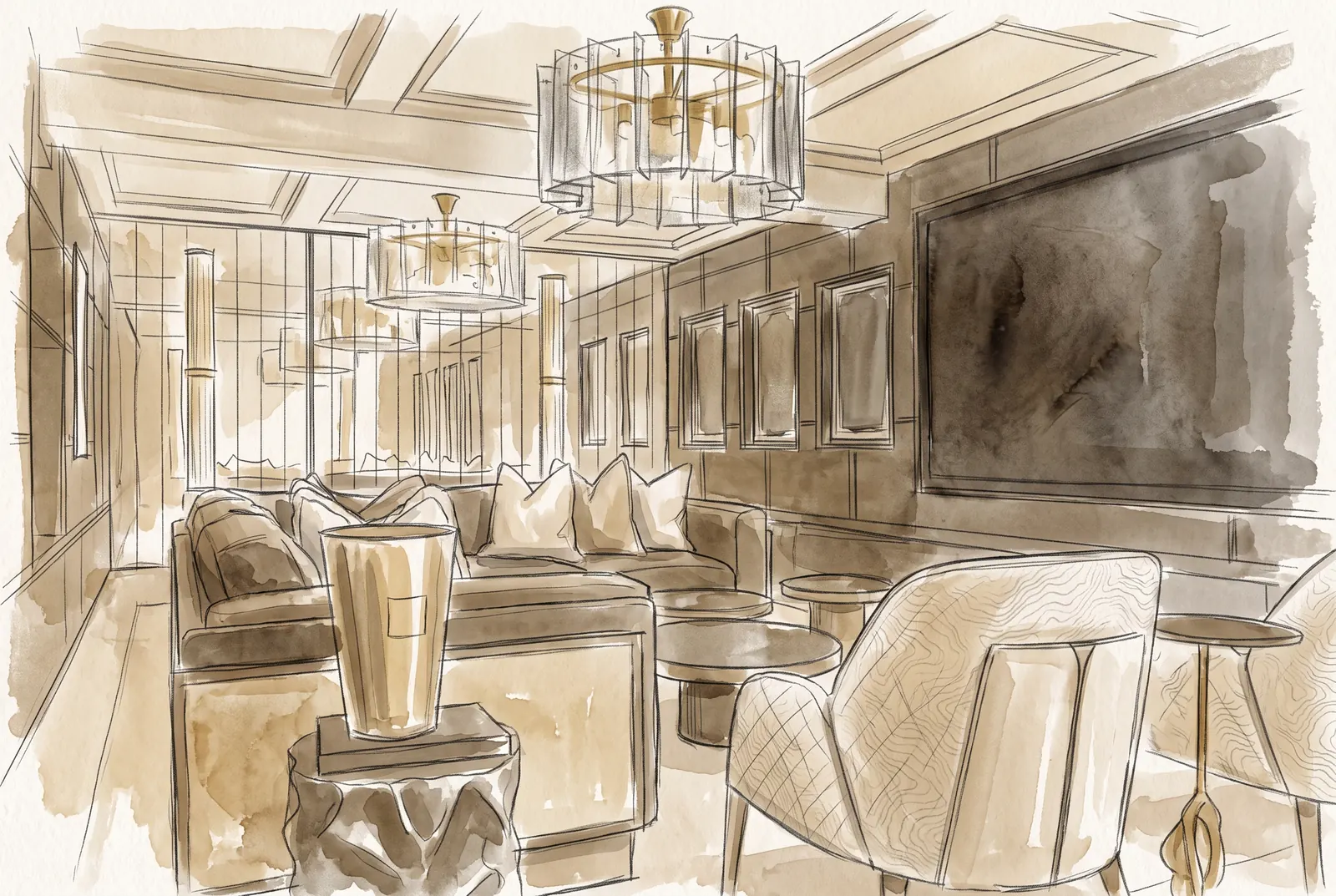 Hand-drawn design sketch of the trophy lounge at Trophy Lounge