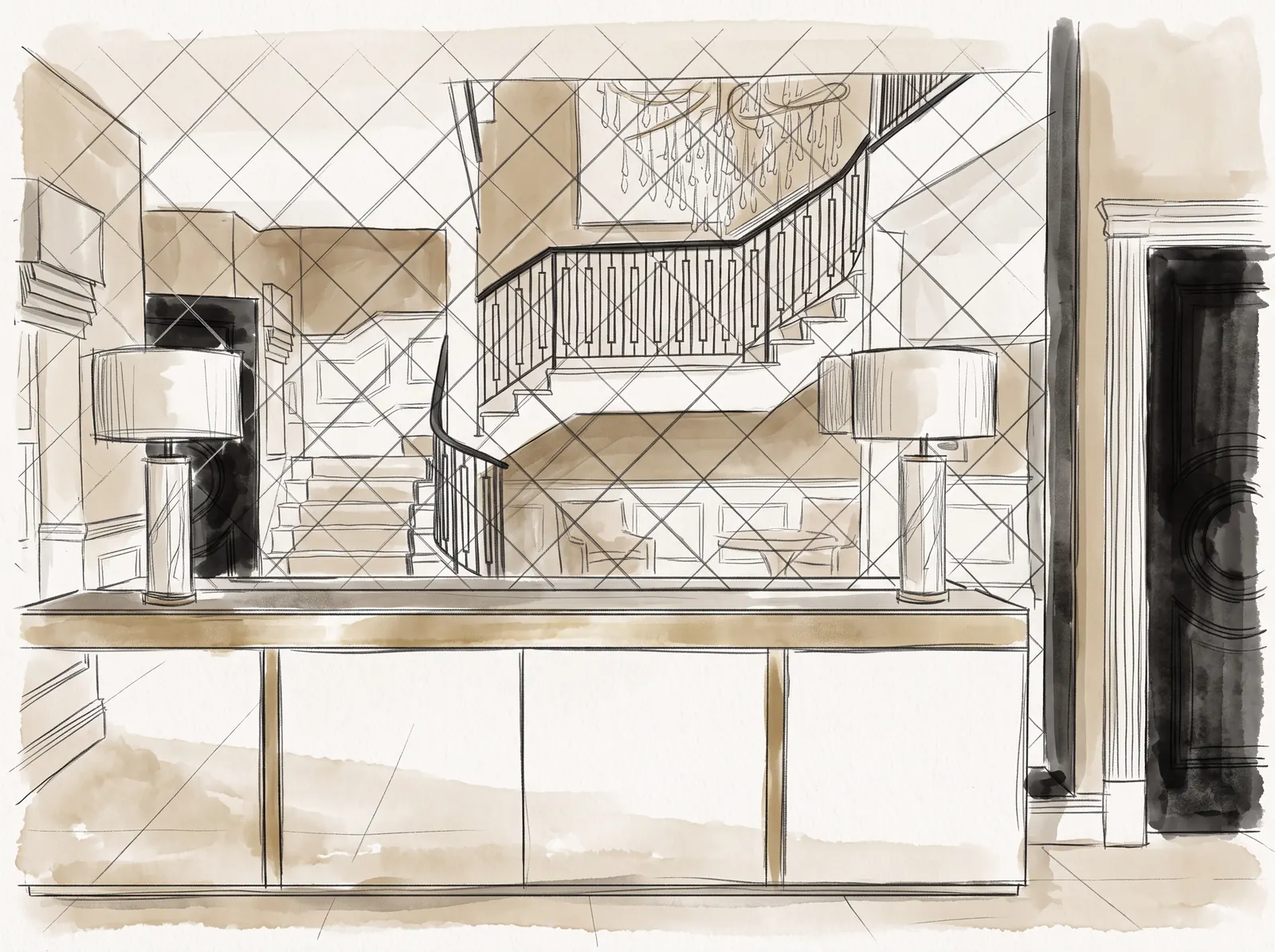 Hand-drawn design sketch of the interior study at Silverstone Private Mansion
